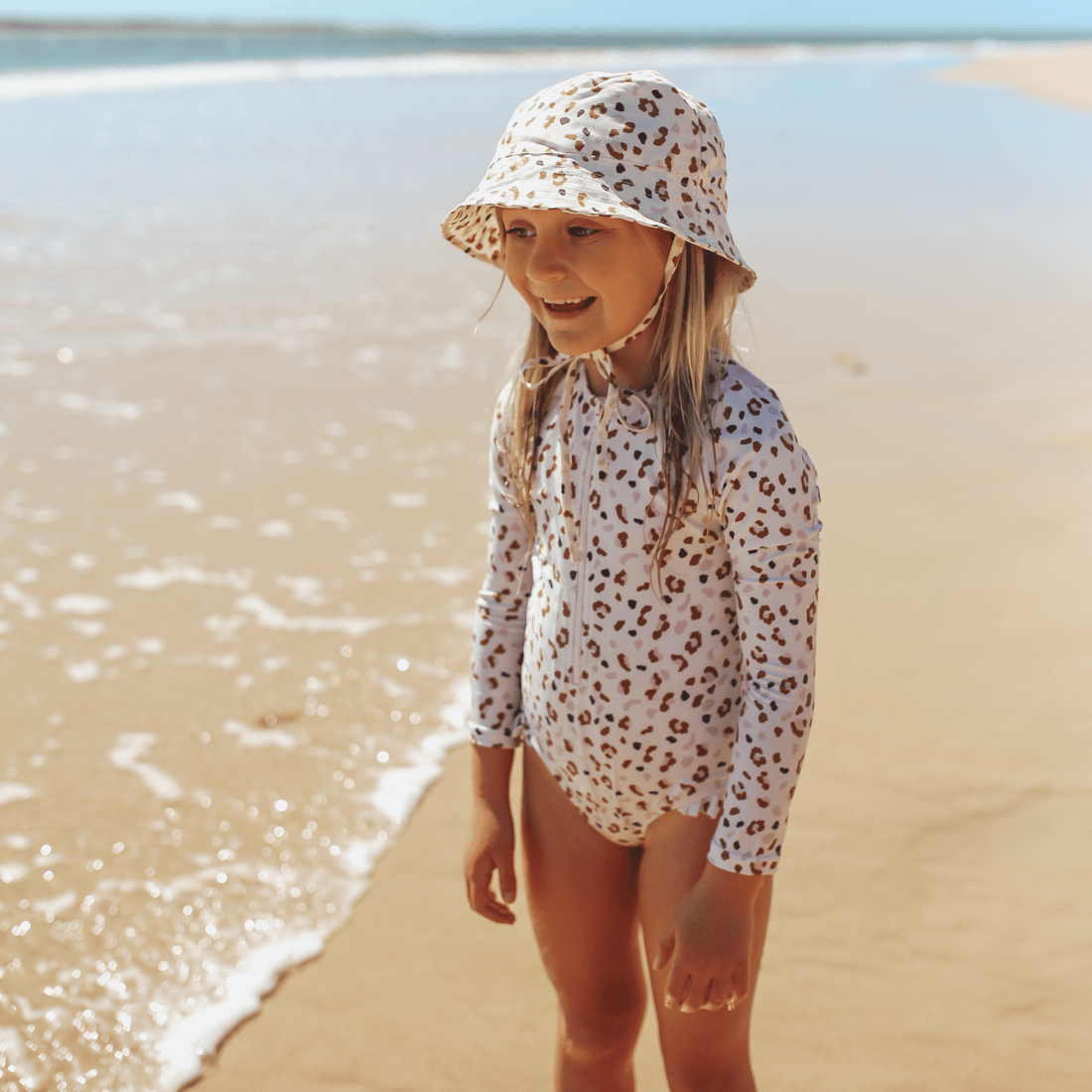 Leopard | Khaki Girls Swimsuit with Long Sleeves